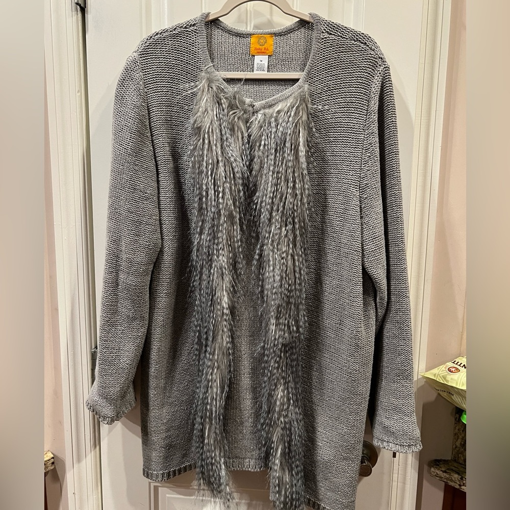 Ruby Rd Gray Sparkle Faux Fur Trim Cardigan Sweater Sz 1x